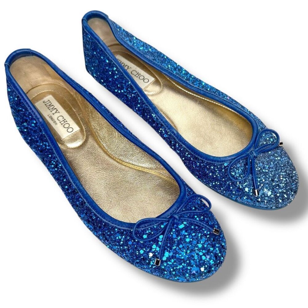 Jimmy Choo Blue Glitter Ballerina Flats Decorative Bow Women’s Size 37.5